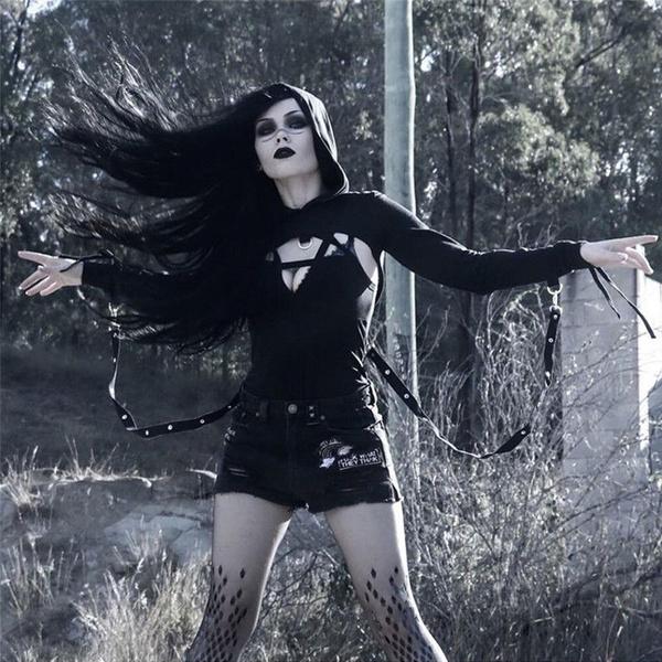 Women Gothic Punk Hoodies Bandage Sexy Vampire Halloween Sweatshirt Crop Top