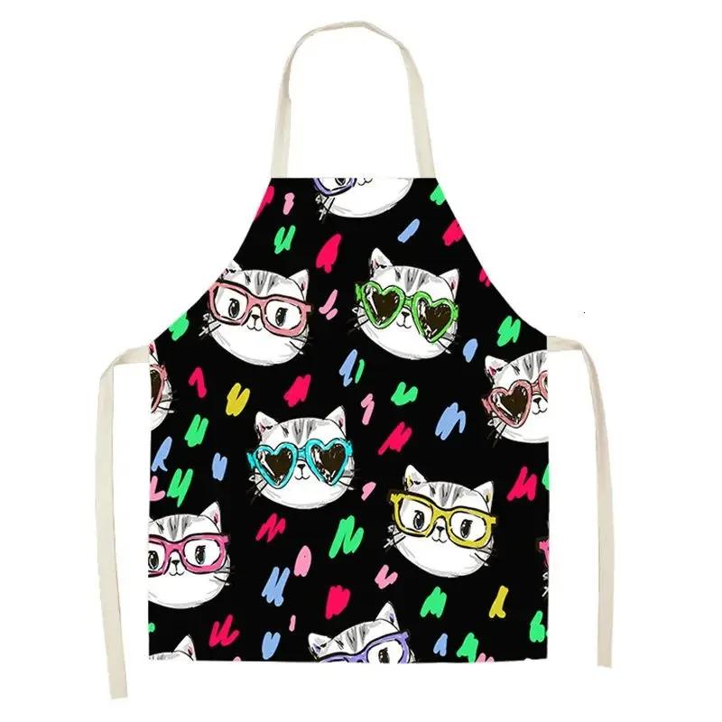 Lovely Cartoon Cats Kitchen Aprons for Women Cotton Linen Bibs Household Cleaning Pinafore Home Cooking 55x68cm