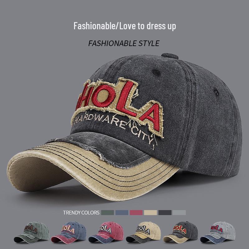 Zhen Yue Qi Cotton Baseball Cap with Distressed Patchwork and American Lettering Embroidery.