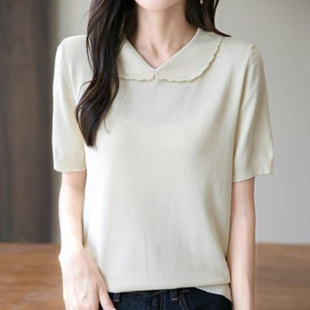 Navava Simple Solid Thin Collar Short Sleeve Knit Tee Nk3028