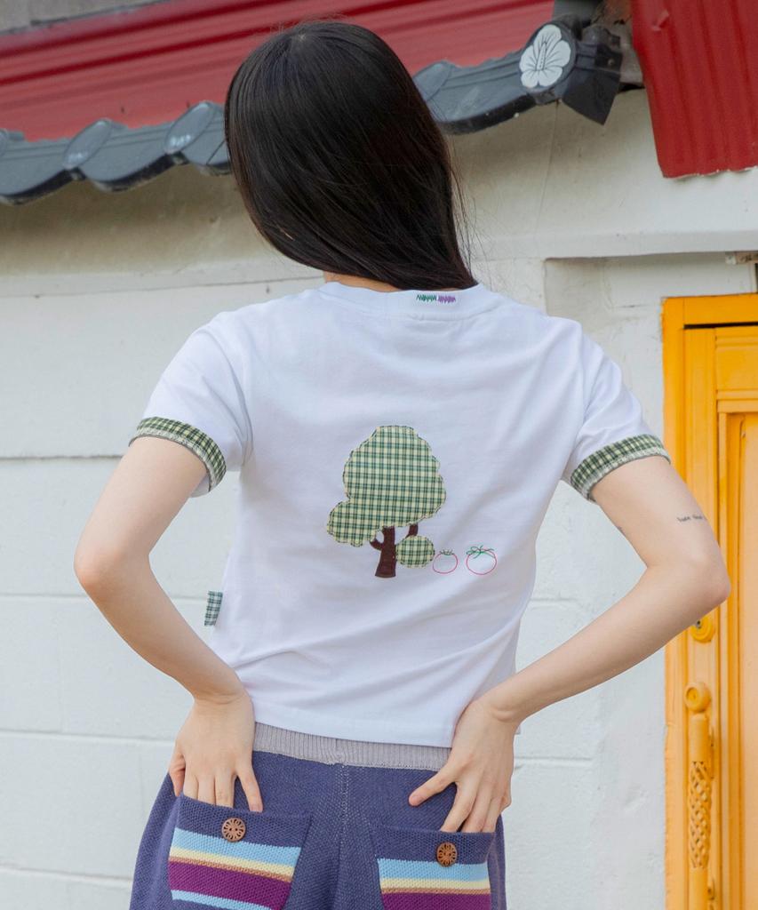 RuNaKi'Hu' Wxt099 Kumo Tomato Check Applique T-Shirt (White)