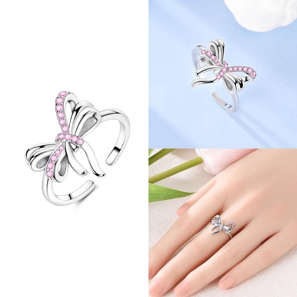 Orginal copper Pink Bow Heart Open Ring Blue Zircon Mushroom Woman Free Size Ring Jewellery Delicate Gift Set for Girlfriend
