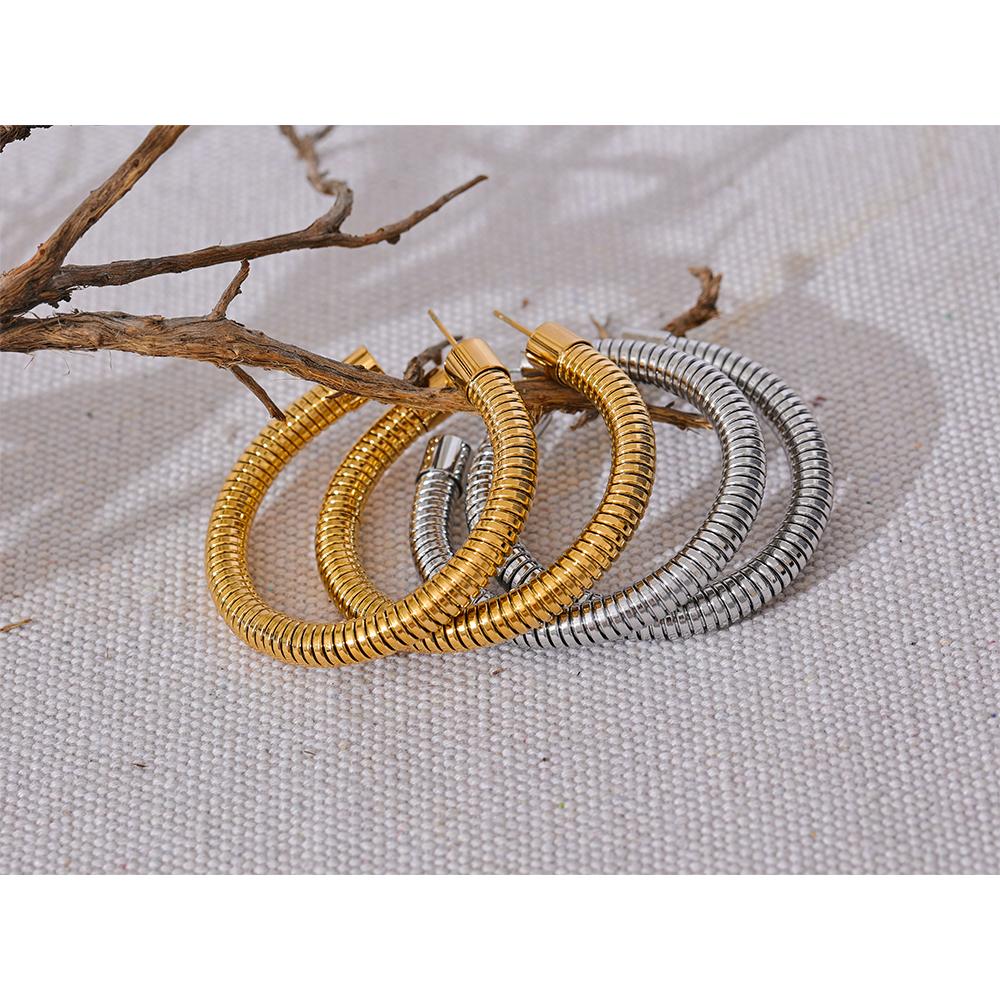 Yhpup 50mm Waterproof Stainless Steel Big Round Huggie Earrings for Women Gold Silver Color Texture Simple Daily Stylish Jewelry