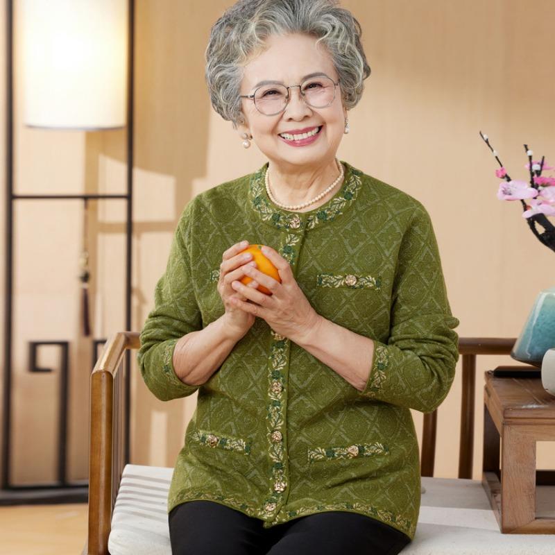 Middle-aged elderly thickened mother-in-law knitted old lady cardigan mother spring and autumn coat grandmother winter velvet sweater women