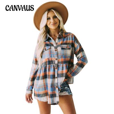 Spring and Autumn Women's Shirt Tops Flip Lapel Pocket Casual Plaid Shirt Long Sleeve Tops