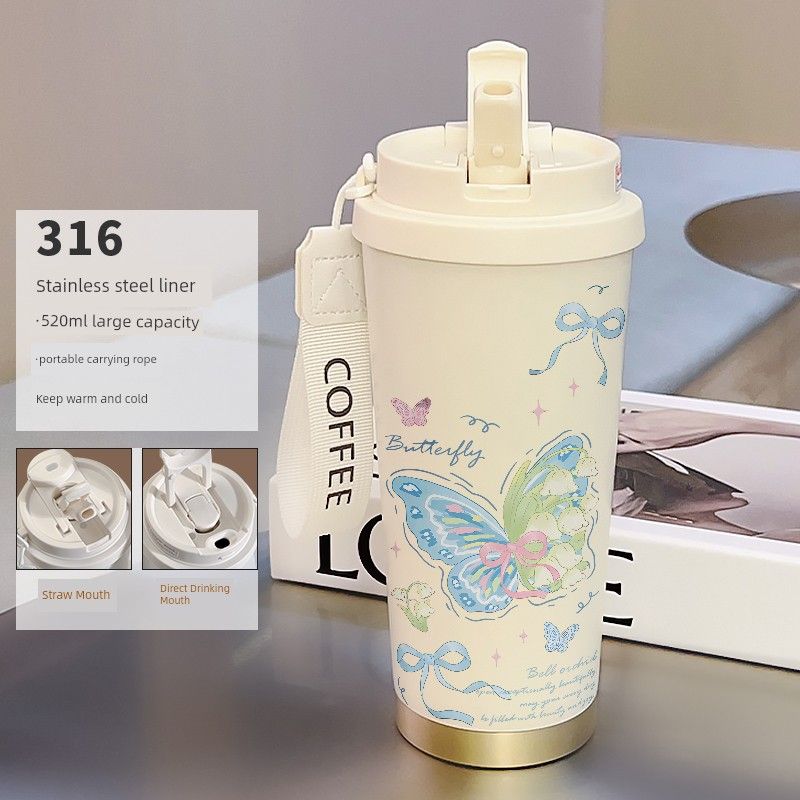 

New Butterfly Coffee Cup Stainless Steel Large-Capacity Thermos Cup with Straw and Dual Drinking Ports Portable Car Water Cup for Female Students Stainless Steel Liner-Cky624 Butterfly+Lanyard