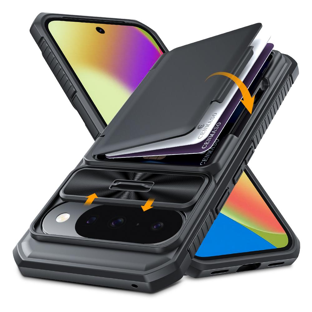With Card Holder Sliding Camera Cover And Stand For Google Pixel 10/10 Pro Phone Case, Anti-Fall PC+TPU Wallet Case-Green чёрный