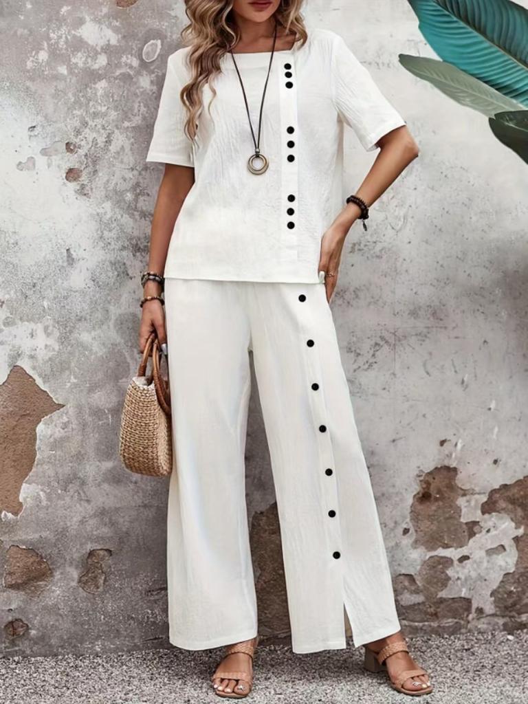 Oversized Cotton Linen Fashion Casual Two-Piece Set Short Sleeve Button Loose Wide Leg Pants Women's Clothing