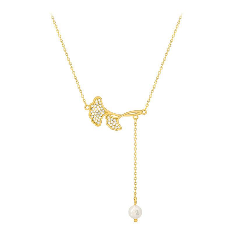 Copper-Plated Gold Pendant with Zircon, Ginkgo Leaf, and Pearl Necklace - High-End Celebrity Style Accessories