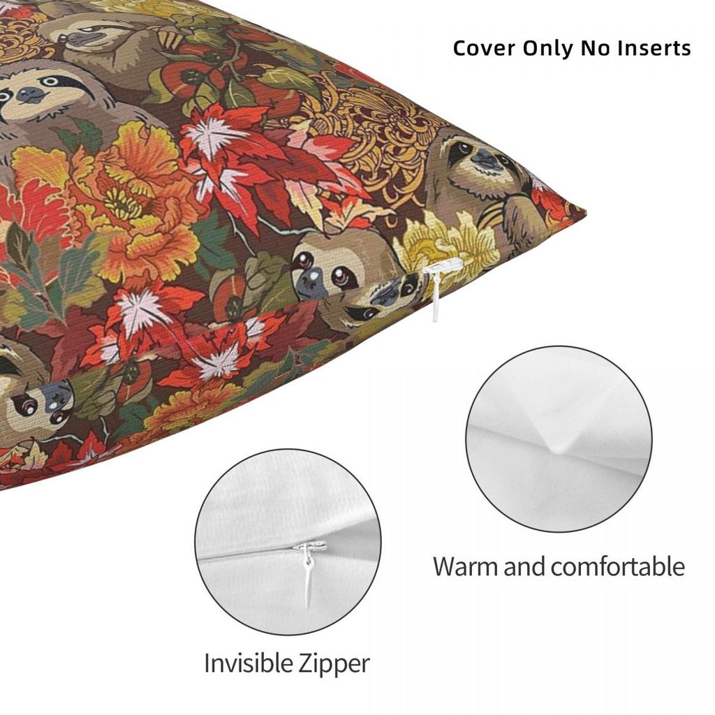 Sloths Autumn Flower Square Pillowcase Polyester Linen Velvet Creative Zip Decorative Pillow Case Sofa Seater Cushion