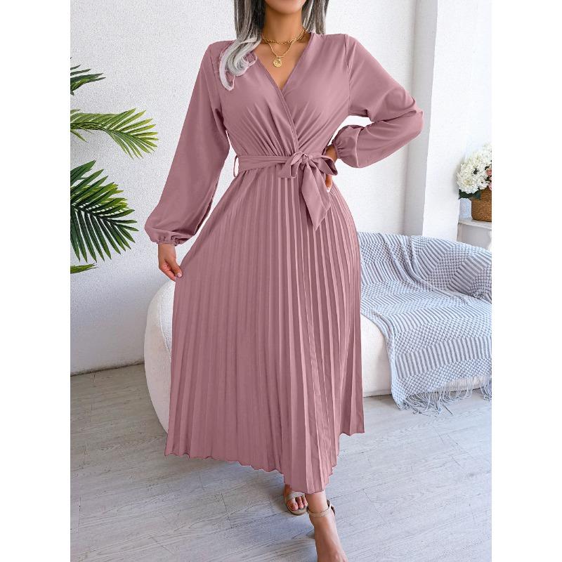 VEZFAA Women's Fashion Summer Spring Solid Color Print Long Sleeve V-Neck High Waist Casual Dresses