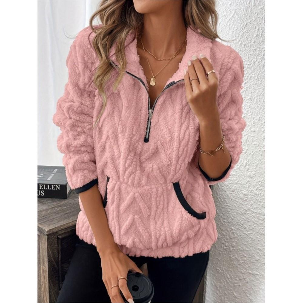 Modischer Jacquard Halber Reißverschluss Plüschtasche Kurzer Hoodie Herbst Winter Damen Lässig Kragen Einfarbige Jacke Pulls Femmes