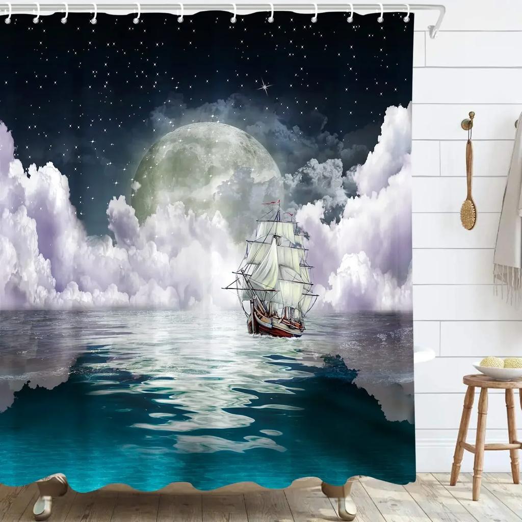 Norse Vikings Ship Shower Curtain Fantasy Boat Art Black and White Color Sailing Dragon Ship Curtain for Bathroom with Hooks