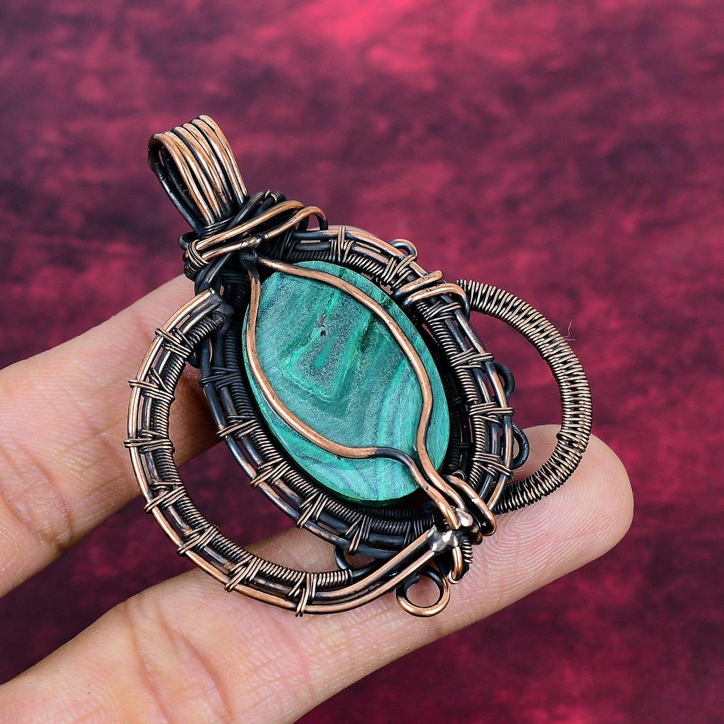Malachite Gemstone Pendant Copper Wire Wrapped Pendant Designer Jewelry for mom