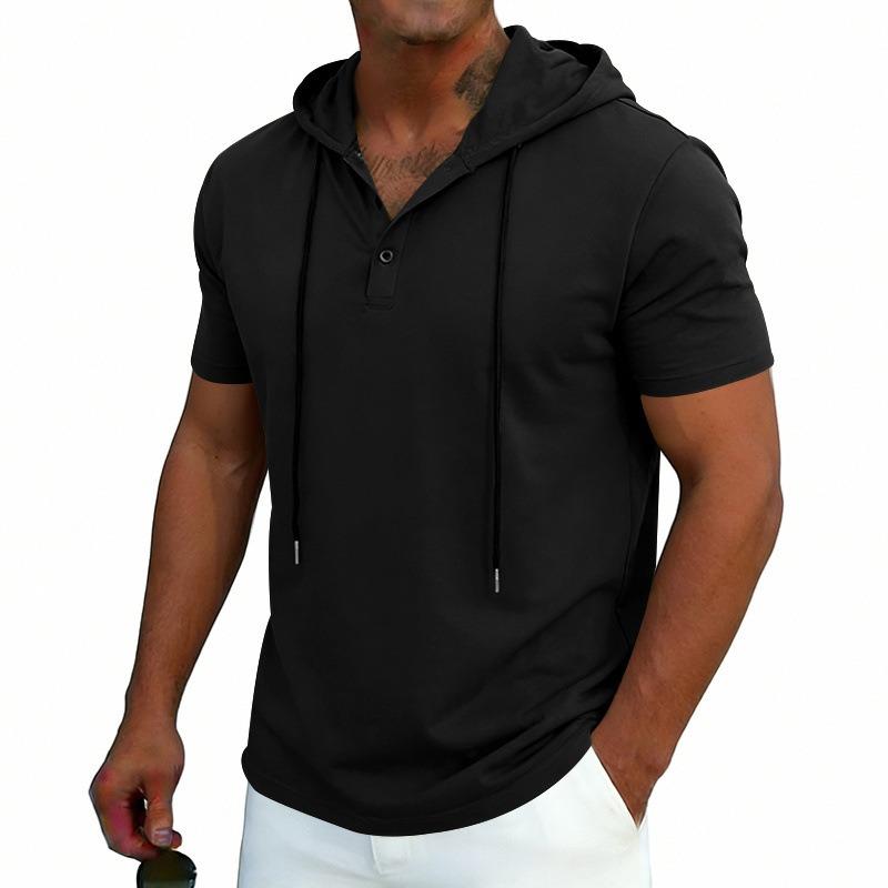 Men Short Sleeve Hooded Henley T-Shirt S чёрный