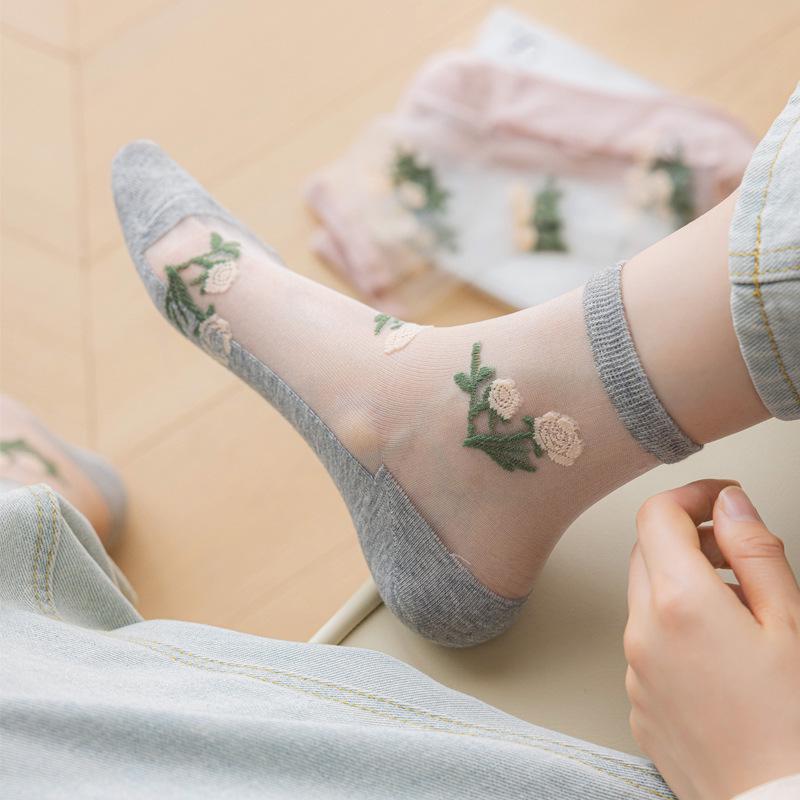 Women's Summer Silk Floral Mid-Calf Socks - Breathable, Sweat-Absorbing Cotton Bottom