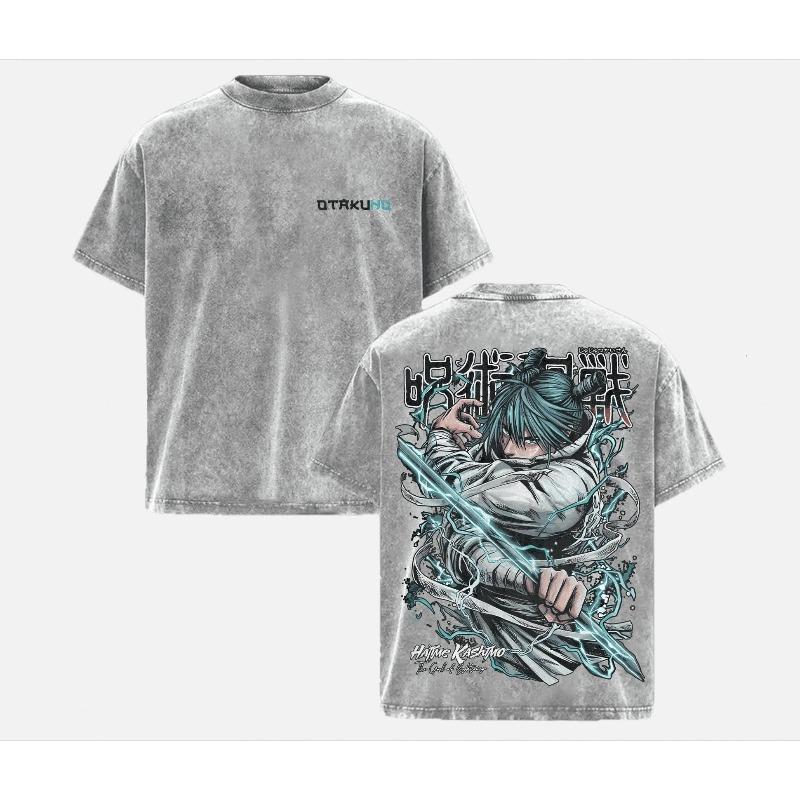 Kashimo Hajime Jujutsu Kaisen Футболка для мужской одежды Винтажная стираная Оверсайз Футболка с коротким рукавом Из чистого хлопка Футболки Топы S серый