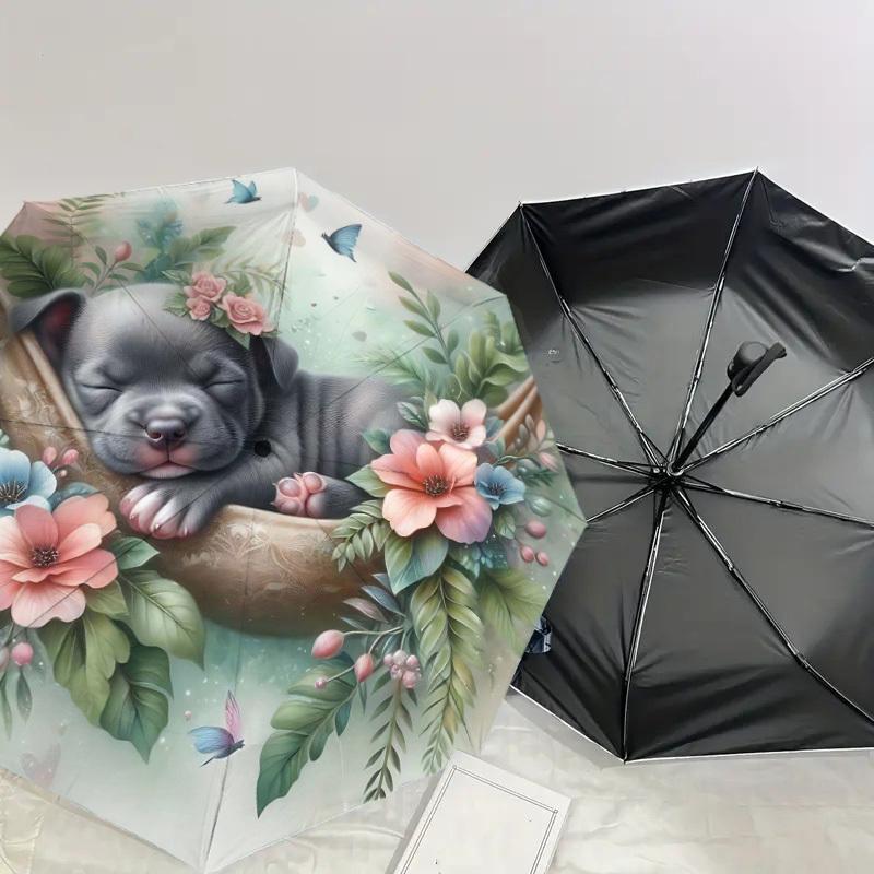 1PC Puppy Flowers Umbrella-8-Rib Reinforced, Automatic Open, Lightweight & Durable, Fashion Accessory for Outdoor-L0371