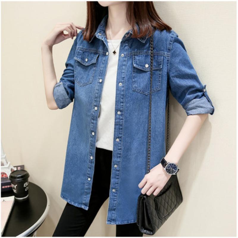 Spring and Autumn Plus Size Denim Shirt Women's Long-sleeved Korean Version of The Mid-length Loose Thin Shirt All-match Casual Jacket
