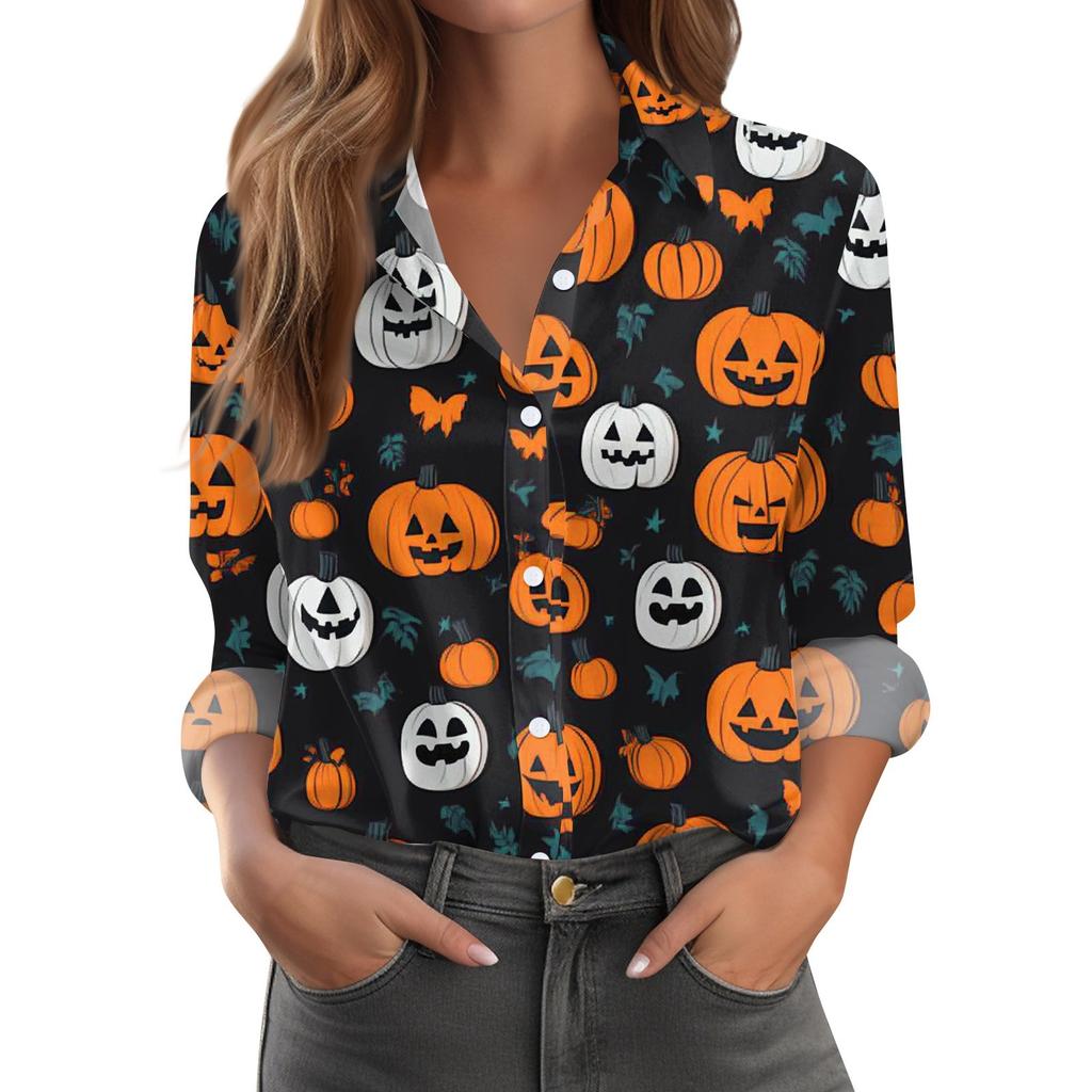 Damen Hemd Bluse Halloween Print Knopf Langarm Lässig Basic Hemdkragen Regulär Top