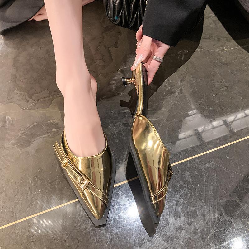 Fashion Women's Mules Summer Slippers Gothic Designer Shoes Gold Heels Sexy Sandals Elegant Medium Heel Party Pointed Toe Buckle Slides