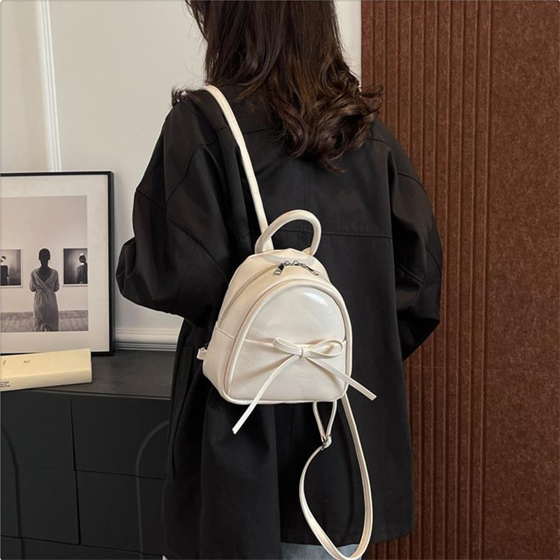 Cute Bow Solid Zipper  Pu Backpack Women'S Simple Waterproof Bag Large Capacity Travel Backpack Girly Student School Bags