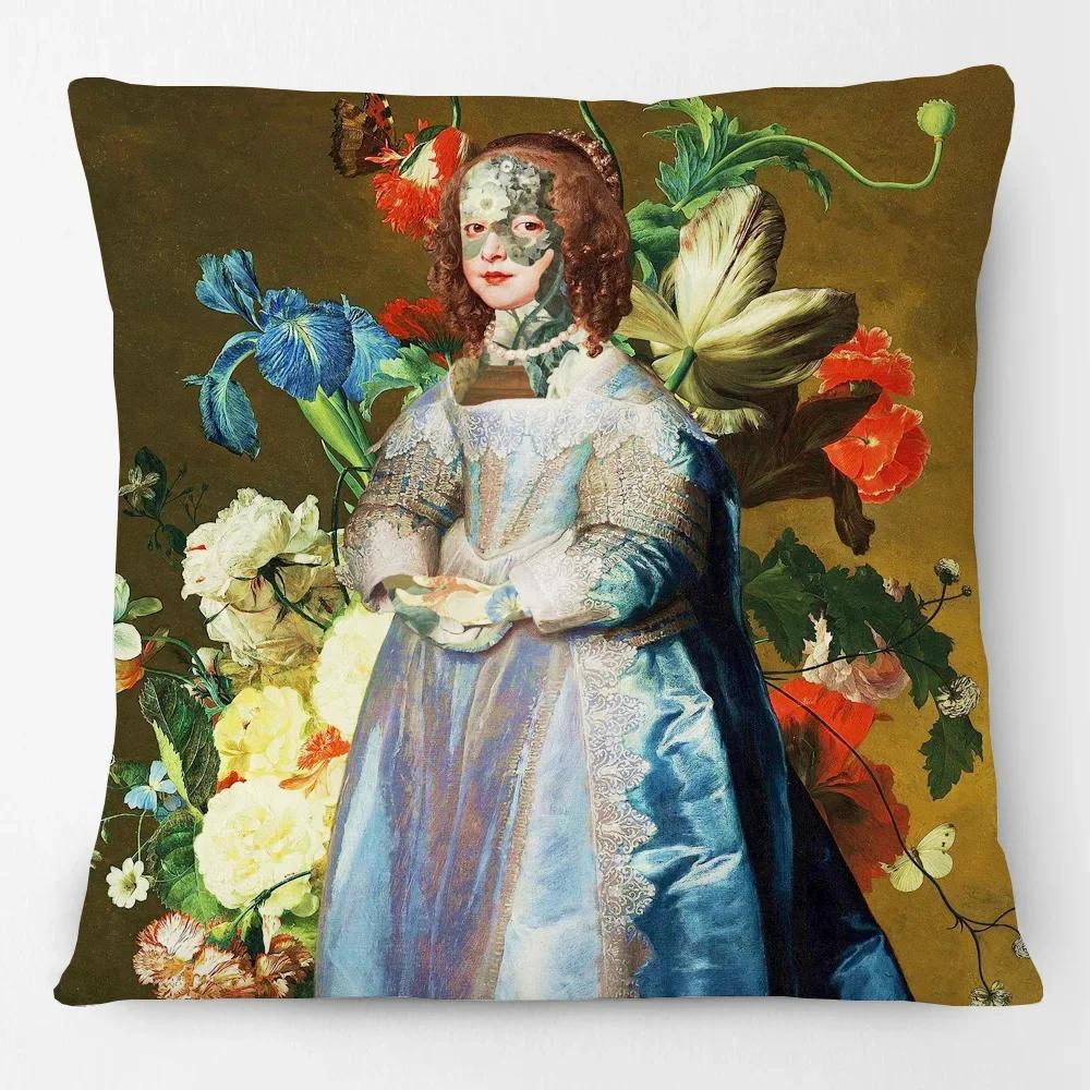 European Flower Painting Rose Dreams Woman Girls Portrait Poster Cushion Cover Birds Dove Home Pillow Case