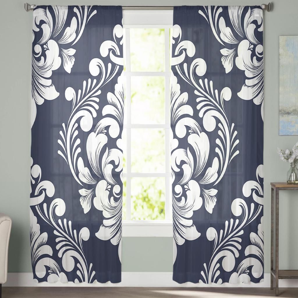 Klasický luxusní damaškový námořnicky modrý tylový okenní závěs průsvitné volány závěsy do obývacího pokoje domácí dekorace závěsný panel