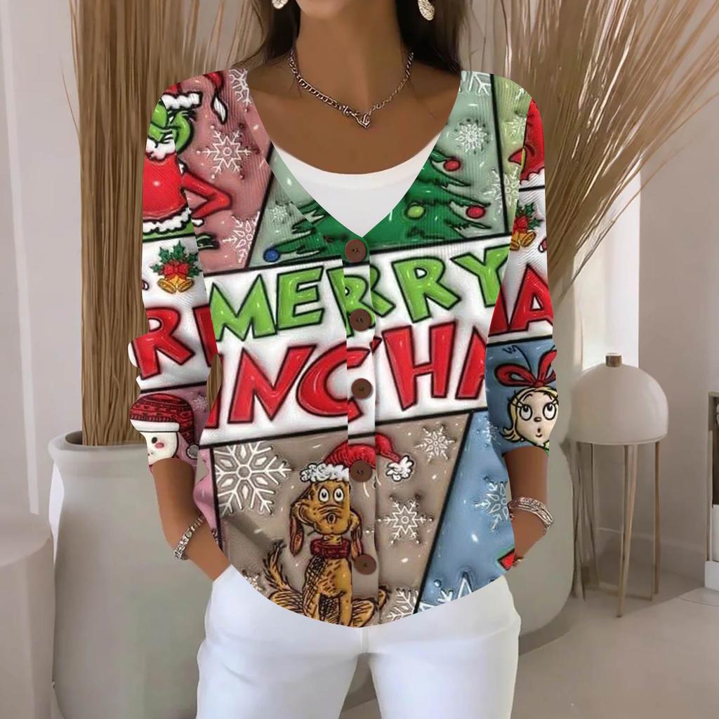Women's Fashion Casual Knit Sweater Button-Up Christmas Print Cardigan Jacket