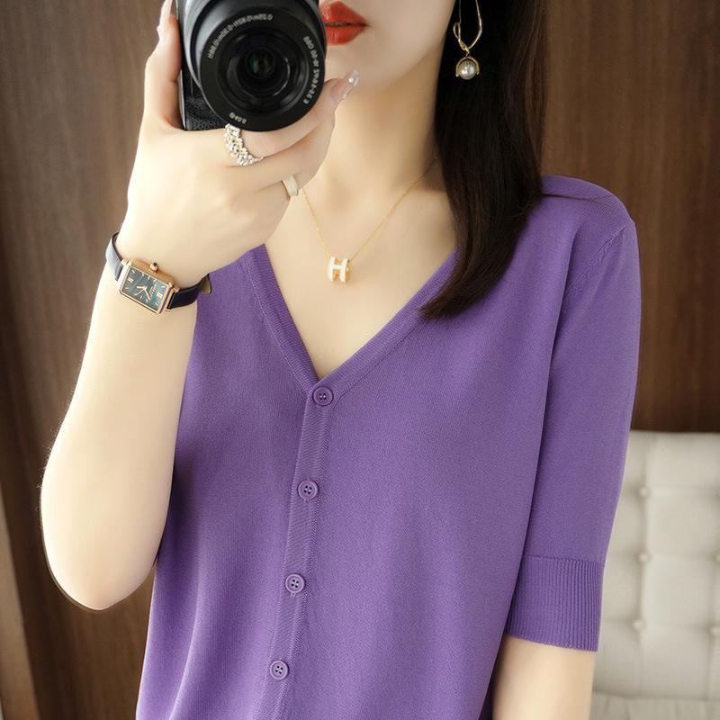 V-neck Five-point Sleeve Ice Silk Knitted Cardigan Summer Loose Sun Protection Clothes Half-sleeved Versatile Top Base Shirt