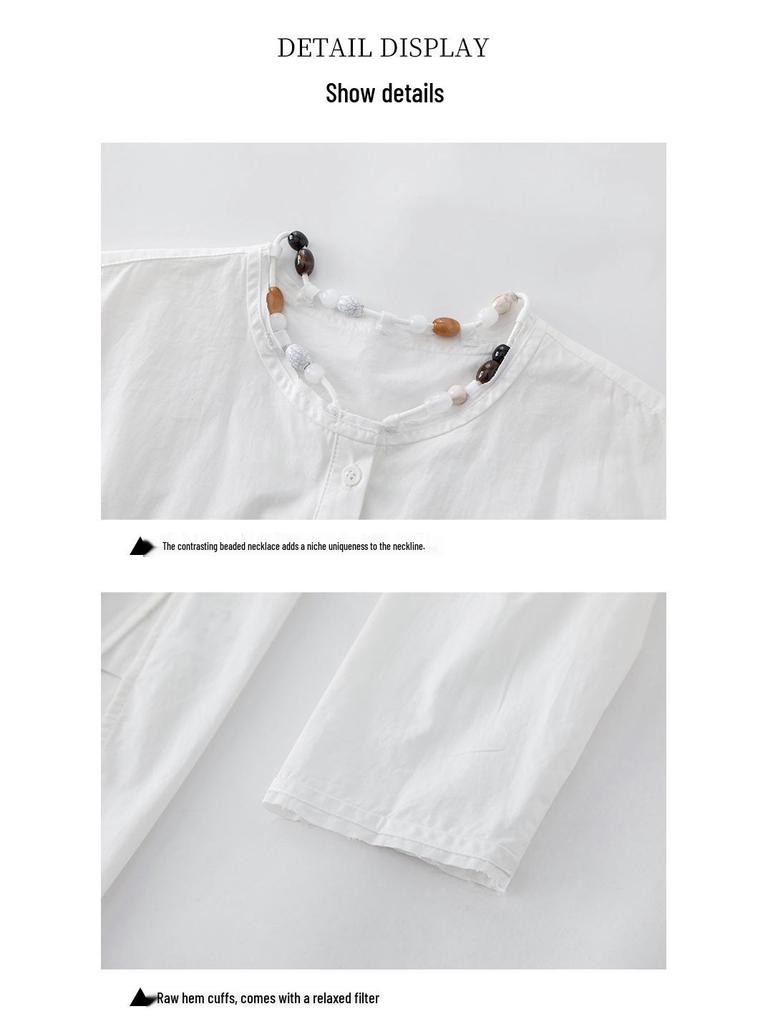 Xin Ge Cotton Loose Casual Long Sleeve Shirt with Beaded Collar