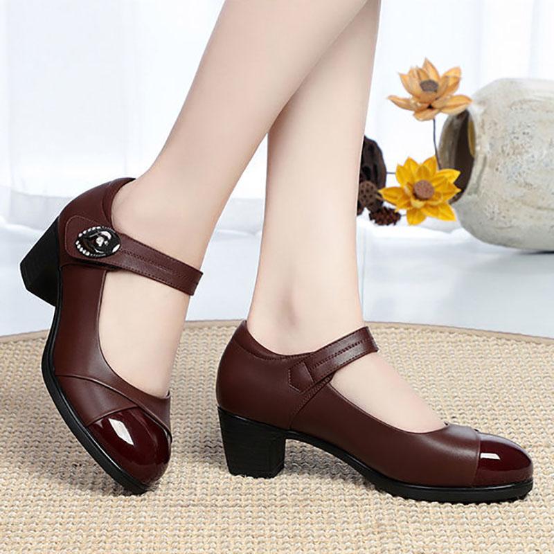 Damenschuhe für vier Jahreszeiten, bequeme Damenschuhe mit weicher Sohle, schräger Absatz, klobige Damenschuhe, Klettverschluss