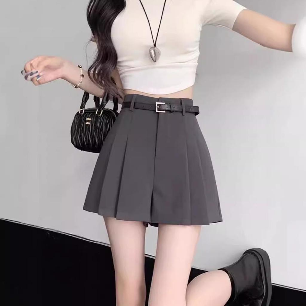 Women's Gray High-Waist Pleated Chiffon A-Line Shorts - Summer Slimming Wide-Leg Casual Skirt Pants
