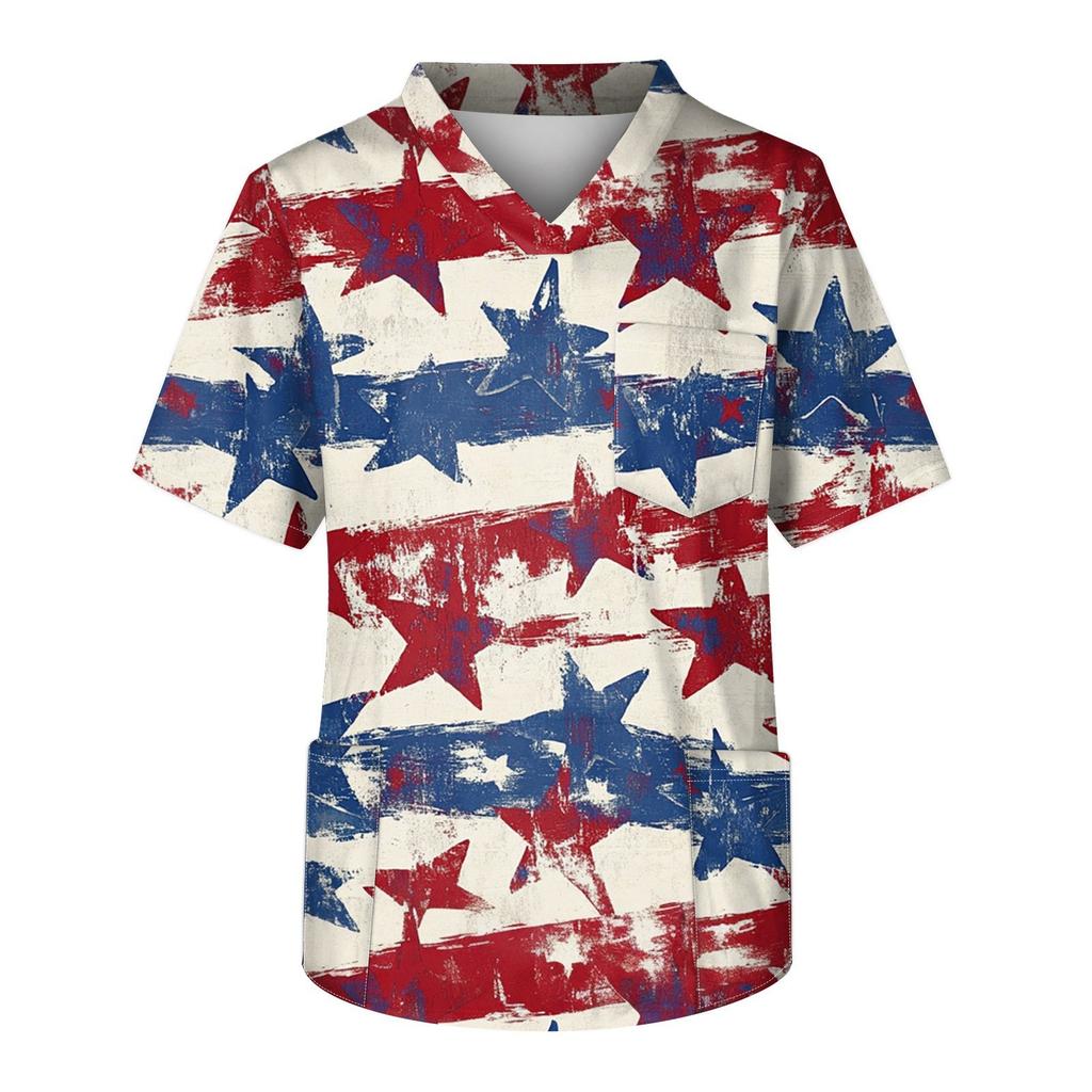 Men's Short Sleeve V-Neck Print Chest Pocket Care Top