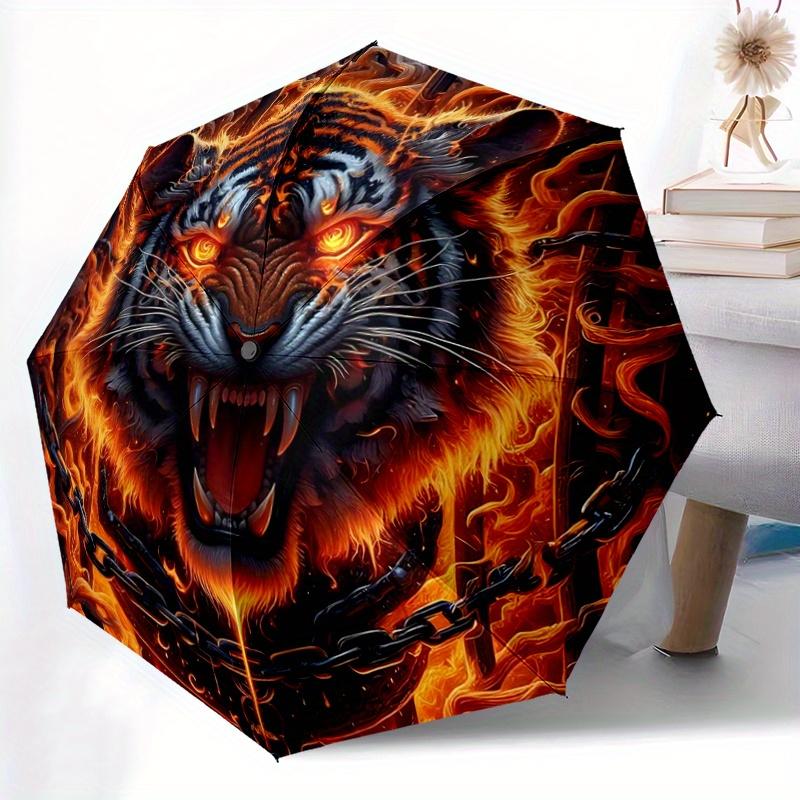 1pc Flaming Tiger Design Automatic Opening and Closing Umbrella - Lightweight 3-Fold Design, Suitable for Fans, Travel, Daily Use, Interesting Sh