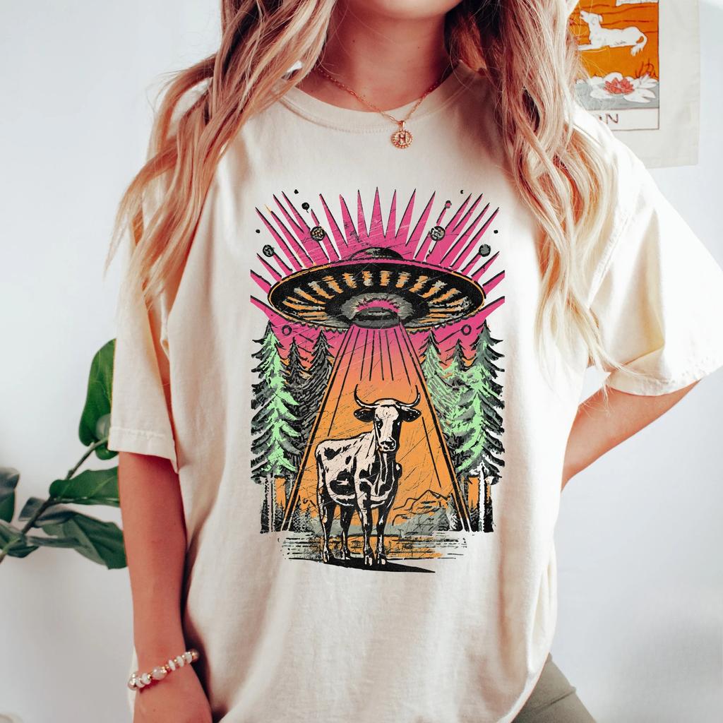 UFO Cow Abduction Printed Tshirt SpringSummer Womens New Fashion Trend Top Neutral Short Sleeve Comfortable Tshirt
