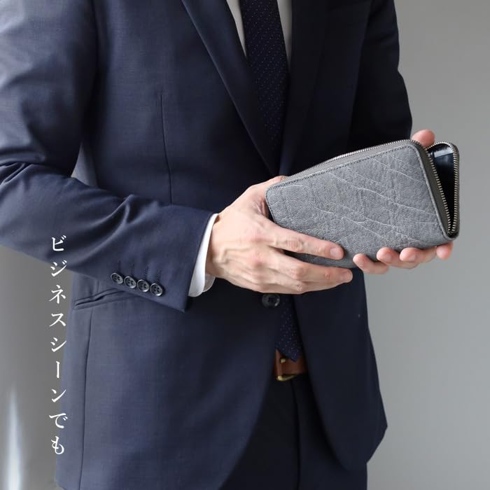 Carteira longa de couro de elefante feita no Japão com zíper redondo, grande capacidade, fina, cinza [Zoo] ZLW-101 masculina