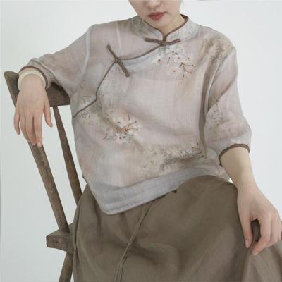 Damen Blusen im chinesischen Stil, Tops, Print, Blumenmuster, Stehkragen, Knopfleiste, sieben Ärmel, Blusen für den Sommer, Vintage-Shirts