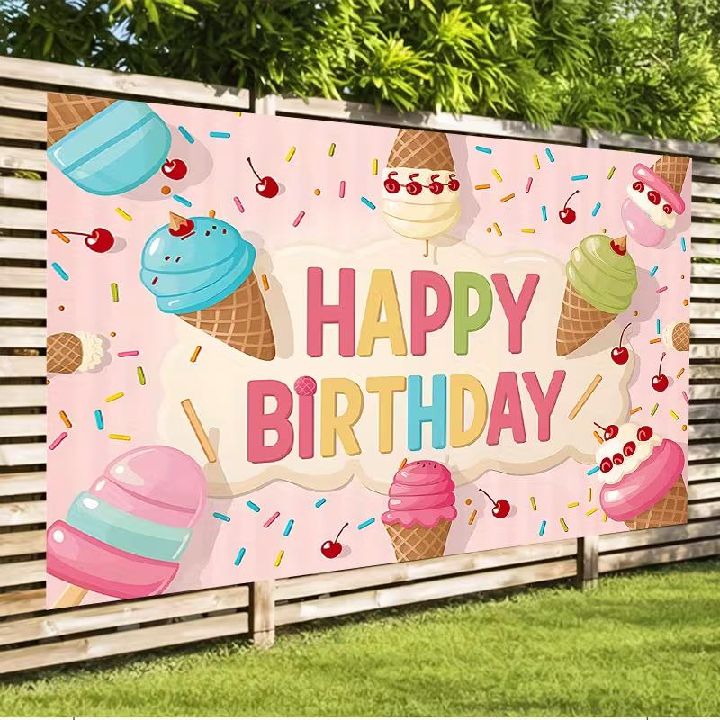 2D Pastel Ice Cream Cone Birthday Backdrop Cherry Sprinkle Kids Party Background