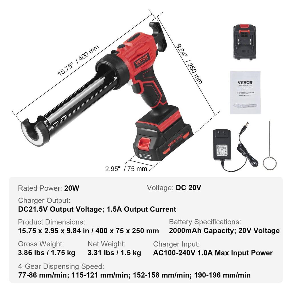 20V Cordless Electric Caulking Gun 10oz/300ml with 4 Adjustable Speeds