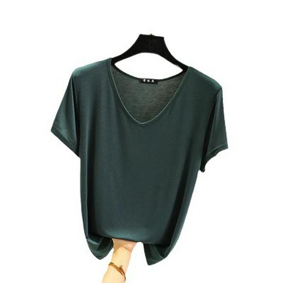 Women's Plus Size V-Neck Modal T-Shirt - Short Sleeve, Loose Fit, Thin Layer, Korean Style