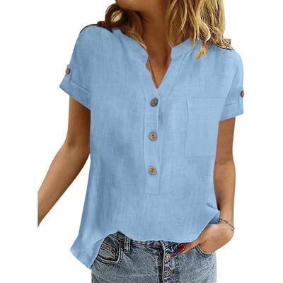 Letná obyčajná retro vreckový patchwork bavlnená ľanová košeľa pre ženy Ležérna blúzka s gombíkom do V a krátkym rukávom