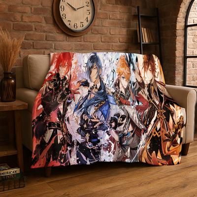 New Genshin Impact Cartoon Game Flannel Blanket Soft Warm Throw Blanket for Bedroom Living Room Bed Travel Camping Picnic Gift