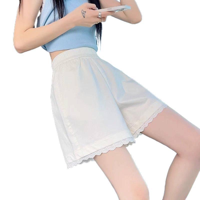 Sommer 2026 Damen High Waist Weiße A-Linien Spitze Besatz Lässige Eis Seide Shorts