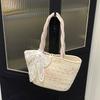 With Ribbon Woven Tote Bag Korean Style Summer Beach Bag Casual Pink Tote Handbag  Female