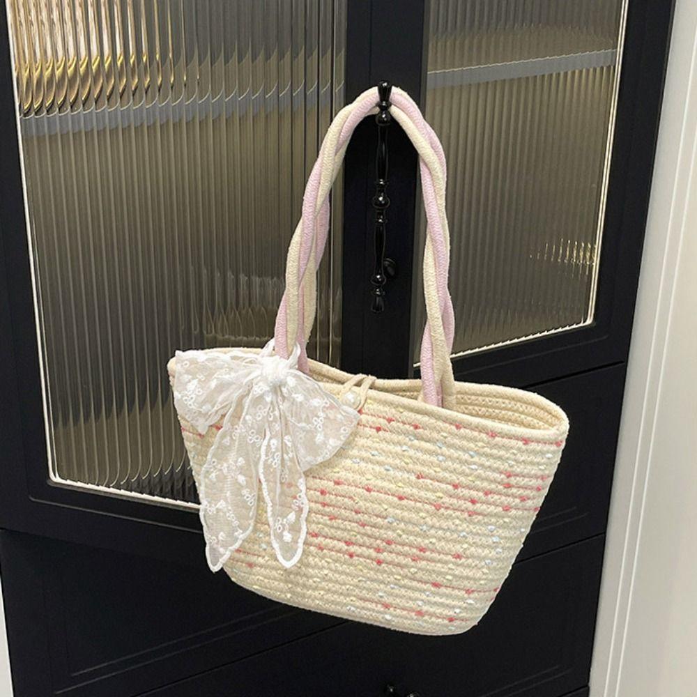 With Ribbon Woven Tote Bag Korean Style Summer Beach Bag Casual Pink Tote Handbag  Female