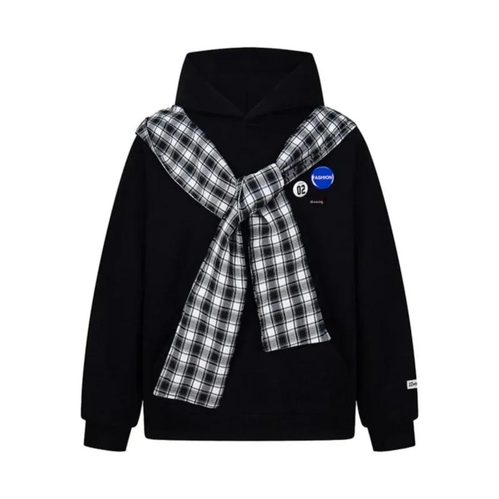 2KWEIRD American Plaid Shawl Fake Two-Piece Hoodie Women Early Autumn New Loose Lazy Chic High Street Couple Jacket Cotton Full Sleeve
