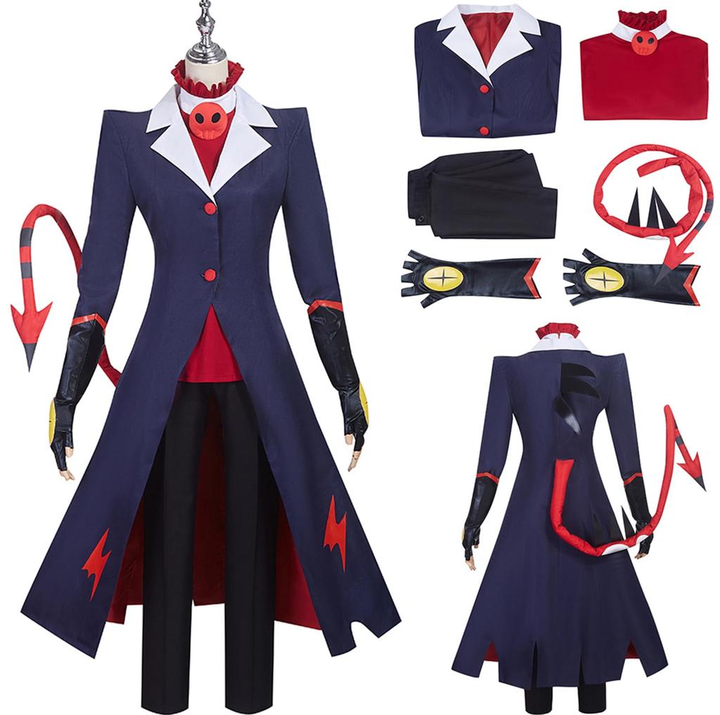 AwwwCos Helluva Cosplay Blitzo Hazbin Hotel Cosplay Ďáblův Kostým s pro Anime Akce a Halloween 6dílný Kostým, Dámské Smokingové Sako, Ocas,