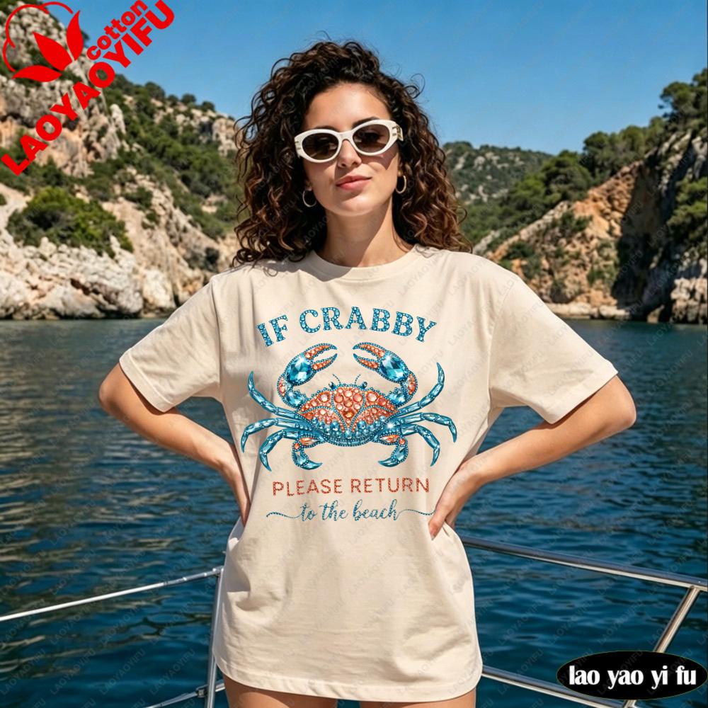 If Crabby Please Return To The Beach Graphic Tshirt Trendy Summer Beach Shirt Coastal Nautical Vacation Outfit Unisex Cotton Tops