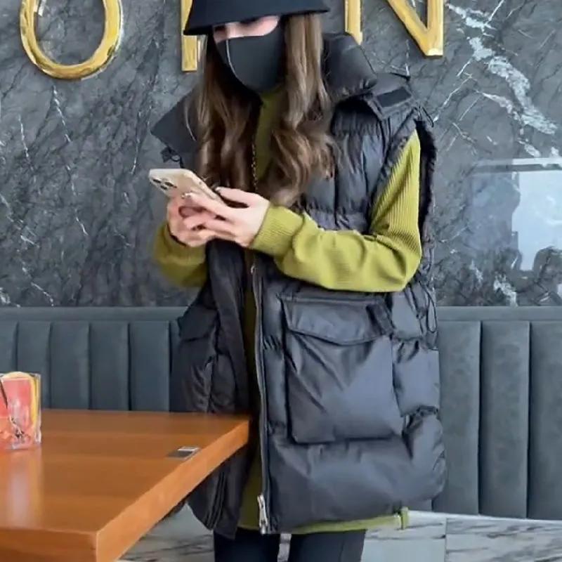 

Women Autumn and Winter Casual Pocket Puffer Parkas Hooded Sleeveless Jacket Outerwear Female 4XL чёрный